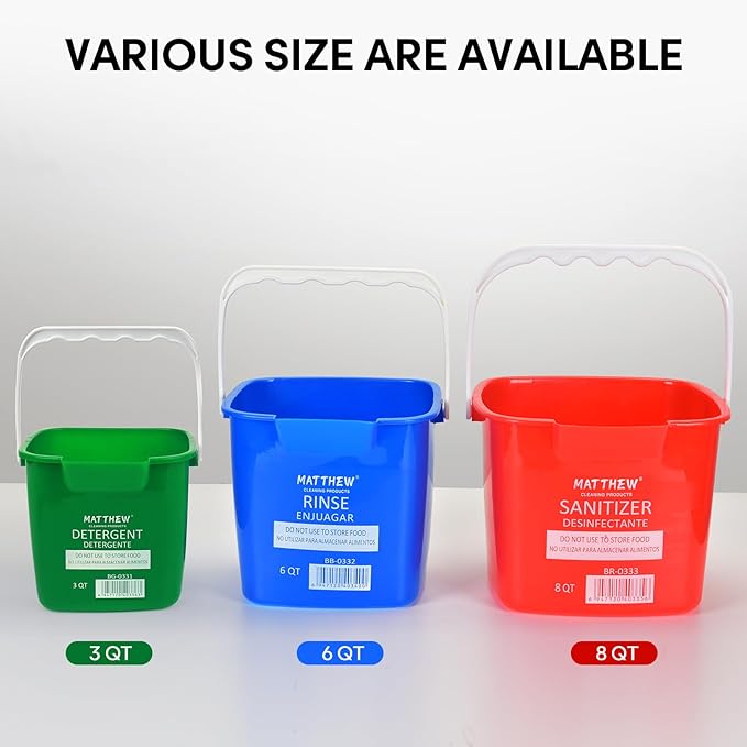 Matthew Detergent and Sanitizing Cleaning Bucket 3 Quart Plastic Pail,Set of 6 Square Containers,Built-in Spout w/Handle,Wash Rinse Sanitize Handwash Bucket for Home Office Commercial (Green)