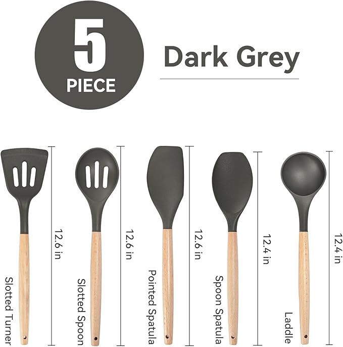 Non-Stick Silicone Cooking Utensils Set, 5 Pcs with Wooden Handle, Heat Resistant Silicone Kitchen Gadgets (Gray)