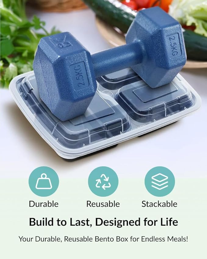 Enther Meal Prep Containers [12 Pack] 3 Compartment with Lids, Food Storage Bento Box | BPA Free | Stackable | Reusable Lunch Boxes, Microwave/Dishwasher/Freezer Safe,Portion Control (36 oz)