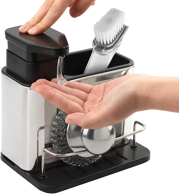 3-in-1 Dish Soap Dispenser, Sponge Holder for Kitchen Sink Caddy, Organizer Dish Soap Dispenser with Cleaning Brush and Tray Drainer Rack Countertop