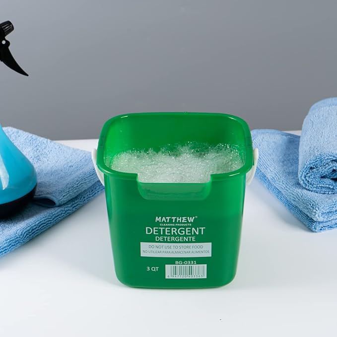 Matthew Detergent and Sanitizing Cleaning Bucket 3 Quart Plastic Pail,Set of 6 Square Containers,Built-in Spout w/Handle,Wash Rinse Sanitize Handwash Bucket for Home Office Commercial (Green)
