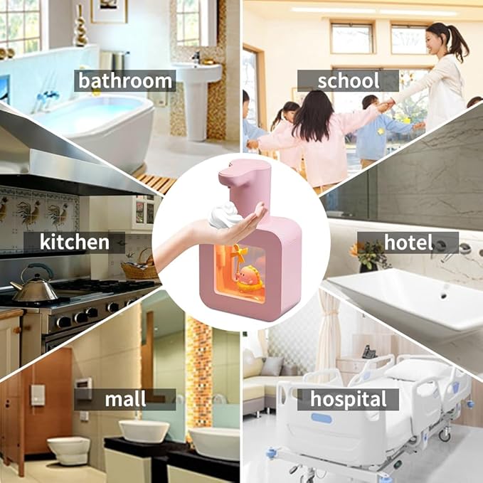 Cute Automatic Foam Soap Dispenser for Kids - Waterproof USB Rechargeable Hand-Free 13.5oz - Pink Dinosaur for Bathroom, Kitchen, Office, School - Children's Birthday Gift