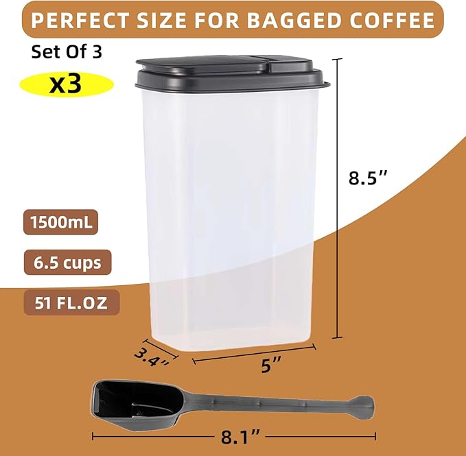 3-Pack 1500ml (51 oz) Airtight Food Storage Containers with Scoop, Soft-White Translucent Design Canisters for Coffee, Tea, Sugar, Flour & Cereal | Includes Marker & Labels
