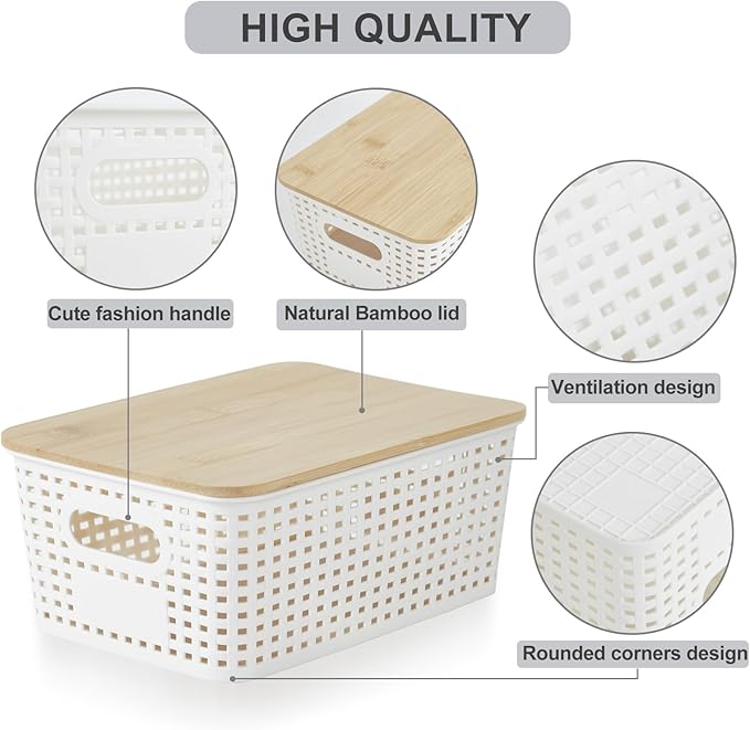 Bagnizer Small Plastic Storage Bins with Bamboo Lids 5.2qt Stackable Box Basket Pantry Decorative Containers Cute with Labels for Organizing Desktop