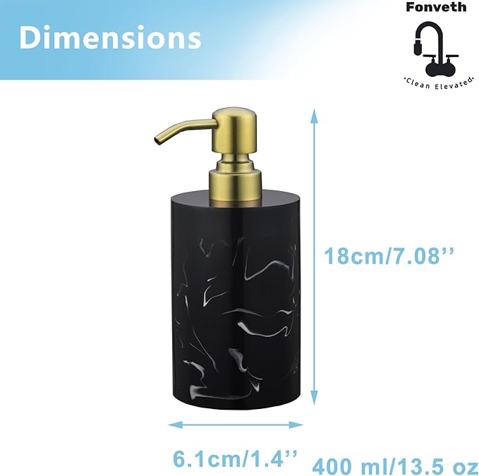 Soap Dispenser Countertop for Bathroom Kitchen, Liquid Hand Soap Dispenser 13.5oz Resin with Brushed Gold Stainless Steel Pump, Lotion Dish Soap Black Marble Bottle