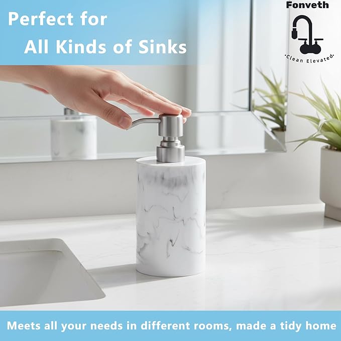 Hand Soap Dispenser White Marble for Bathroom Kitchen, 13.5oz Resin Bottle with Brushed Nickel Stainless Steel Pump, Cylindrical Bottle Countertop - for Liquid Soap, Lotion and Dish Soap