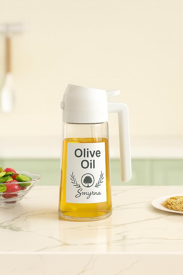 Glass Olive Oil Sprayer 16oz/470ml – 2-in-1 Oil Dispenser & Spray Bottle for Cooking, Portion Control, Salad, Air Fryer, BBQ – Leak-Proof, Fine Mist Bottle with 6 Decorative Labels (White)