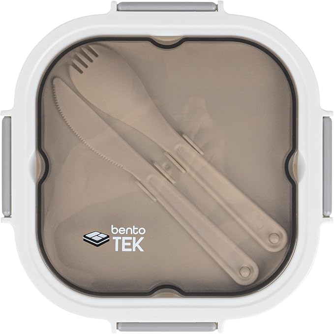 Restaurantware-Bento Tek 57.5 Ounce Bento Box, 1 Reusable Lunch Container - With Fork And Knife, Does Not Contain BPA, White And Gray Plastic Reusable Lunch Box, Microwavable, Dishwashable