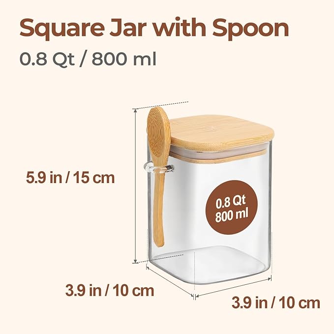ComSaf 0.8 Qt Glass Jars with Bamboo Lids & Spoons Set of 4, Square Glass Containers with Lids, Sugar Coffee Containers Salt Spice Jars