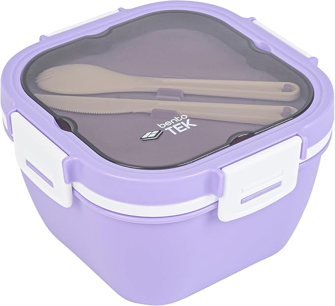 Restaurantware-Bento Tek 57.5 Ounce Bento Box, 1 Reusable Lunch Container - With Fork And Knife, Does Not Contain BPA, Purple And White Plastic Reusable Lunch Box, Microwavable, Dishwashable