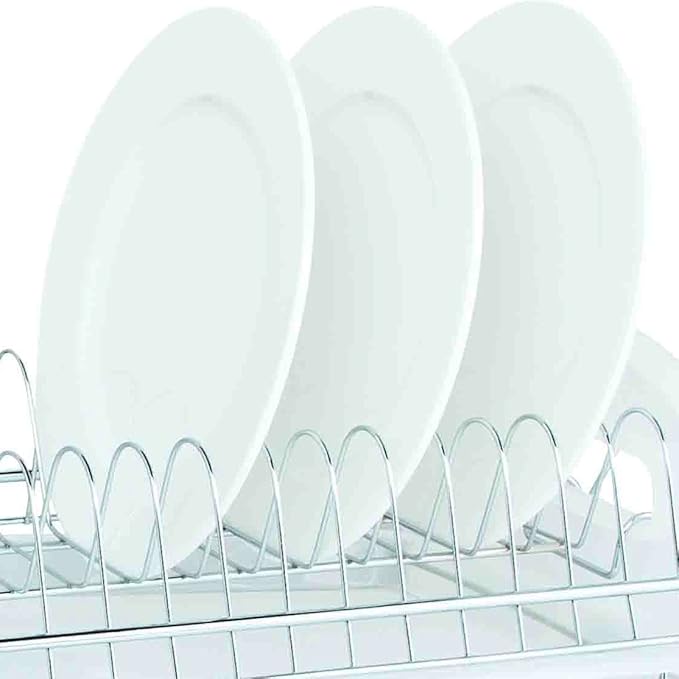 Home Basics Plastic 2-Tier Dish Drainer Rack, Air Drying and Organizing Dishes, Side Mounted Cutlery Holder, White
