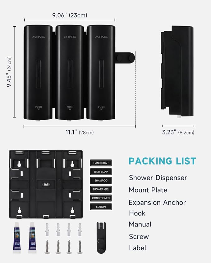 AIKE 3 Chambers Shower Shampoo and Conditioner Dispenser 3 x 11.8 fl.oz. for Bathroom(Black)