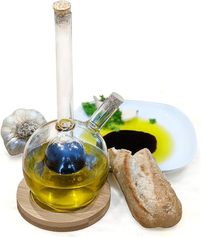 Lily's Home Glass Olive Oil and Vinegar Dispenser, A Beautiful Addition to Any Kitchen and Dinnerware Set with Bamboo Coaster.