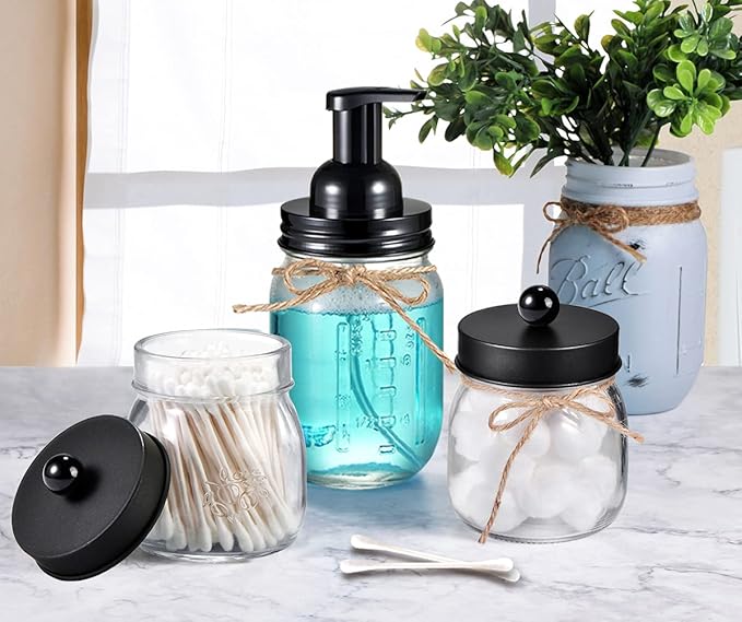 SheeChung Mason Jar Foaming Soap Dispenser-Rustproof Stainless Steel Lid & Foaming Soap Pump, Refill Foam Hand Soap Dispenser Glass for Bathroom Kitchen Vanities, Countertops-Black (2 pk)