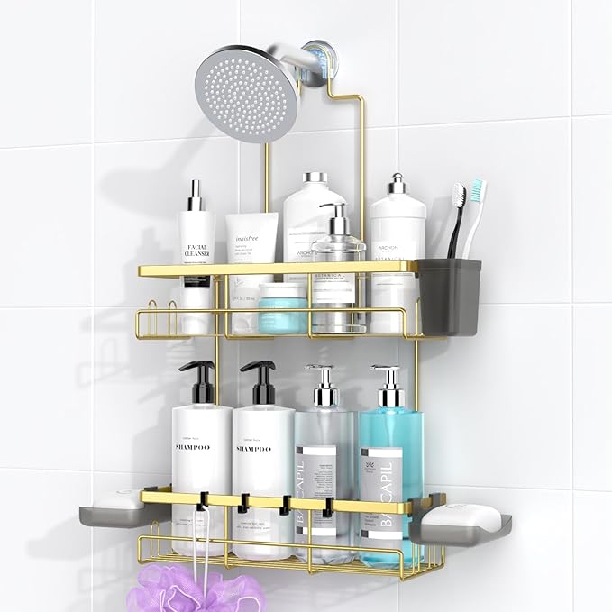 AKTECKE Shower Caddy Hanging Bathroom Organizer: Rustproof Shelf for Inside Shower - No Drilling Racks Over Showerhead - Bath Shelves for Shampoo Soap Gold