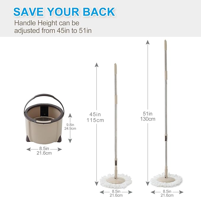 Eyliden Spin Mop and Bucket Set, 2 Microfiber Mop Heads, Adjustable Stainless Steel Handle, Self-Cleaning Mop Bucket System for Hardwood, Tile, Vinyl Floors, Brown