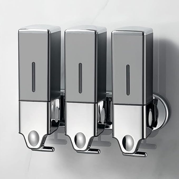 No-Drill 3 Pack 500ml Wall Mounted Soap Dispenser for Bathroom and Kitchen, Shampoo and Conditioner Dispenser Drill Free with Adhesive(Square-Grey)