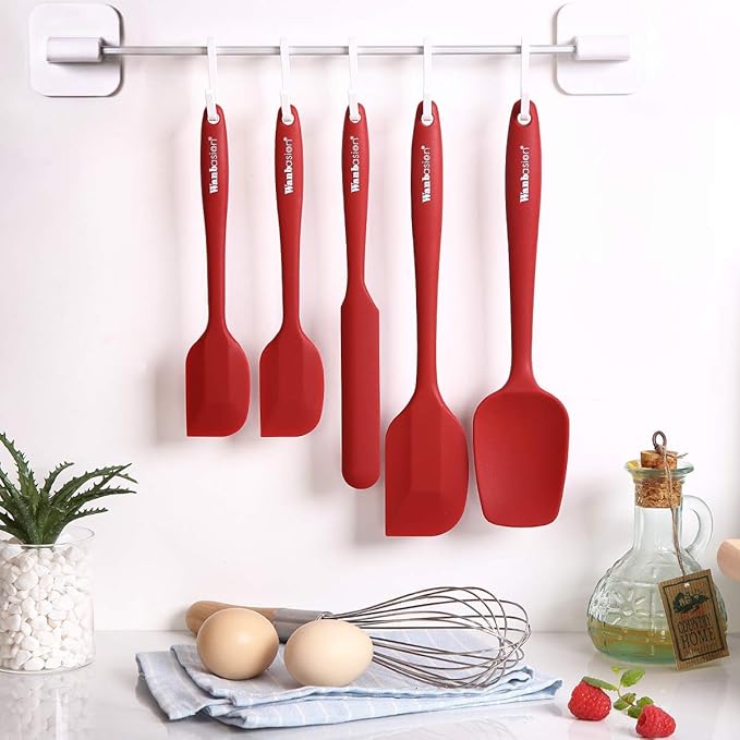 Wanbasion Red 5 Piece Silicone Spatula Set with 600°F Heat Resistant, Kitchen Silicone Spatula Utensil Set, Rubber Spatulas for Nonstick Cookware for Cooking Baking Mixing