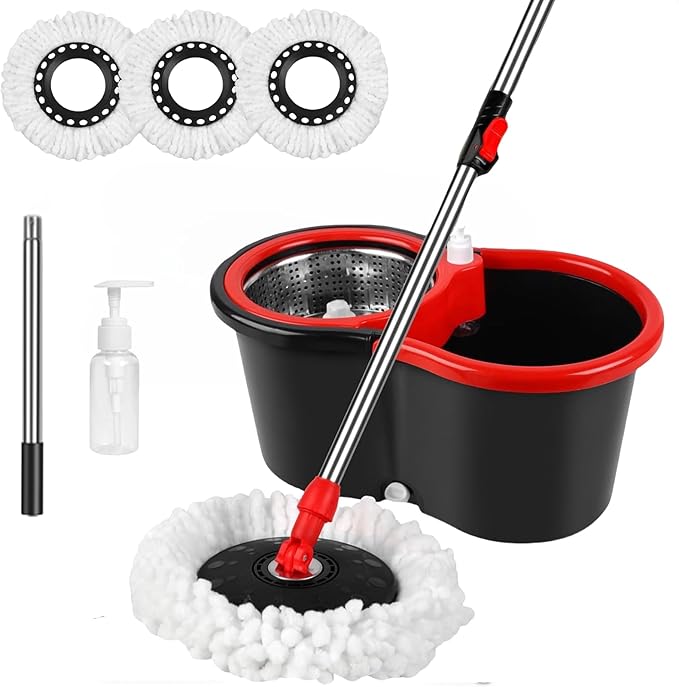Spin Mop and Bucket with Wringer Set, 360° Spinning Mop Bucket System with 3 Microfiber Mop Replacement Heads, 61" Stainless Steel Extended Handle for Floor Cleaning Home Office