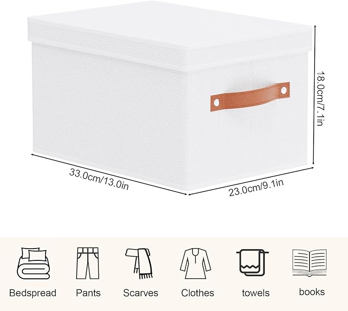 Fabric Storage Boxes with Lids, 7.1 x 9.1 x 13 Inch Clothes Bins for Shelves, Closet Organizers for Organizing with Handles, White, 3-Pack