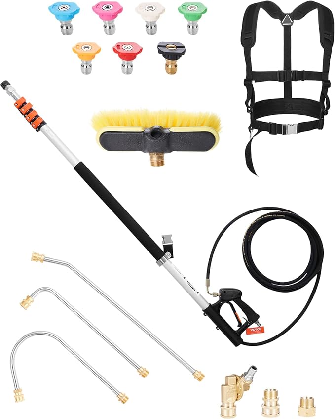 VEVOR Pressure Washer Telescoping Wand, 24 ft, 4000 psi, Telescopic Spray Wand with Power Washer Extension Wands, Gutter Cleaner, Brush Head