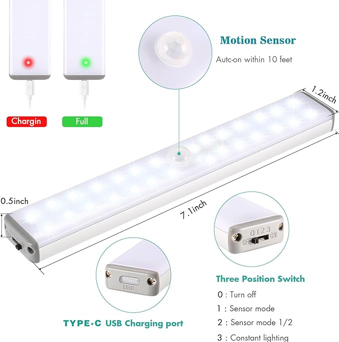 Wireless Under Cabinet Lights Motion Sensor - 28 LED Rechargeable Closet Light, Magnetic Stick-on Battery Operated Night Light for Kitchen, Wardrobe, Hallway, Stairs, Cupboard, Pantry (2 Pack)