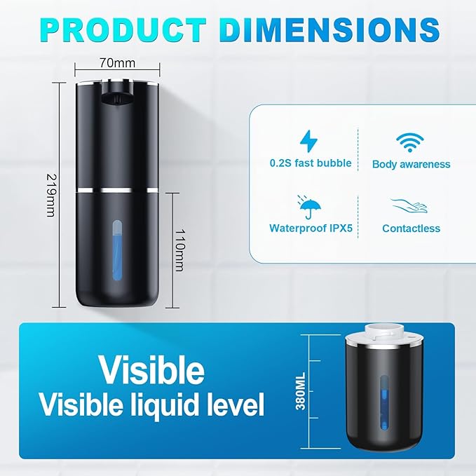 Automatic Soap Dispenser with Sensor, Rechargeable Wall Mount Touchless Soap Dispenser, 4-Level Adjustable, IPX5 Waterproof, 380ml Liquid Soap Dispenser for Bathroom, Kitchen