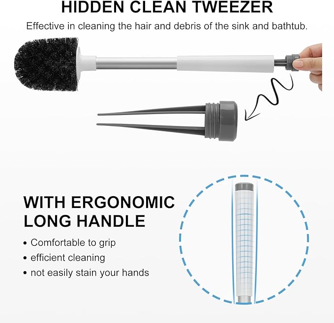 SetSail Toilet Brush and Holder, Self Closing Lid Toilet Bowl Brushes Holder and Extra Long Handle Ventilated Toilet Brush Set for Bathroom Cleaning, Nylon Bristles, White & Grey