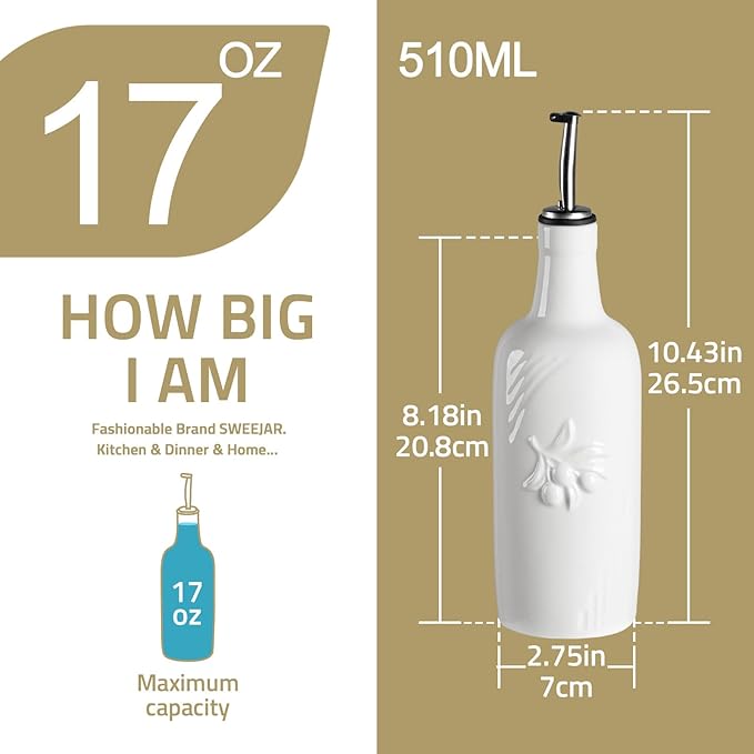 Sweejar Ceramic Olive Oil Dispenser Bottle, 17 FLOZ Oil Bottle with Spout，Porcelain Oil Dispenser for Kitchen,Cooking, Evoo, Vinegar, Soy Sauce, Pack of 1 (Fog blue)
