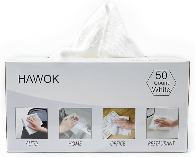 HAWOK Microfiber Cleaning Cloths, 11.8 x 11.8 inches, 50 Pack, Glass Car Window Dish Cloths, Reusable and Machine Washable, Lint-Free, White