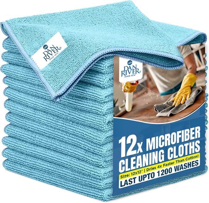 DAN RIVER 12-Pack Blue Microfiber Towels – Ultra Absorbent, Lint-Free & Streak-Free Cleaning Towels for Home, Car & Kitchen - Must-Have Cleaning Essentials - 12" x 12"