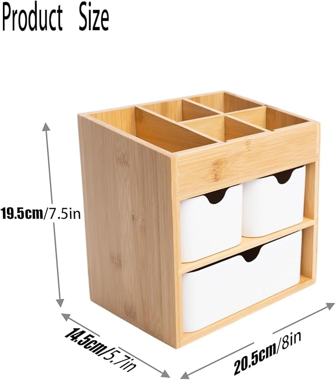 Bamboo Makeup Organizer with 3 Drawers, Dresser Cosmetic Organizer Box