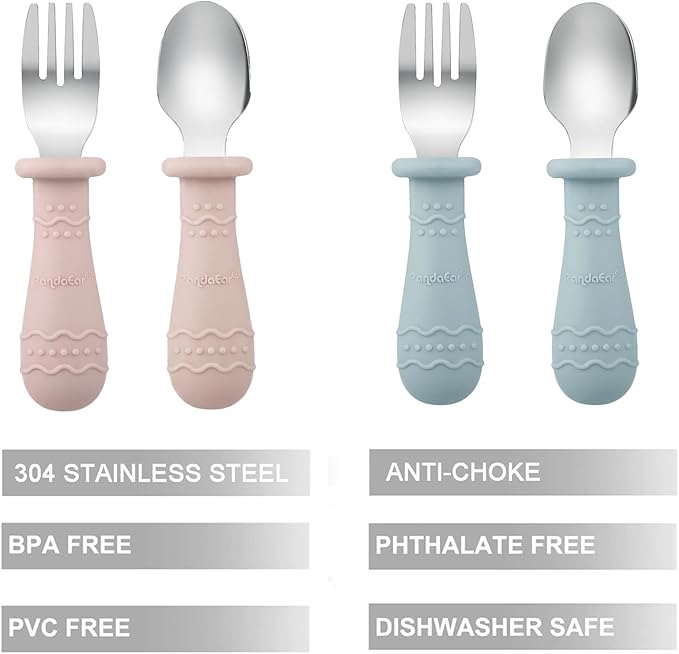 PandaEar Baby Feeding Set| 2 Pack Silicone Divided Suction Plate, 2 Set Toddler Spoons & Forks| Baby Led Weaning Supplies Self Feeding Eating Utensils (Blue & Pink)