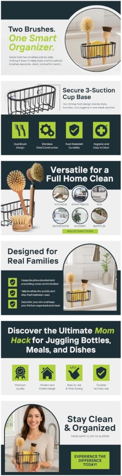 Premium Dual Brush Sink Organizer – Holds 2 Dish Brushes & Sponge, Strong 3-Suction Cup Base, Rust-Resistant Powder Coating, Elevated Drain-Friendly Design (7.2×2.6×3 in, Black)