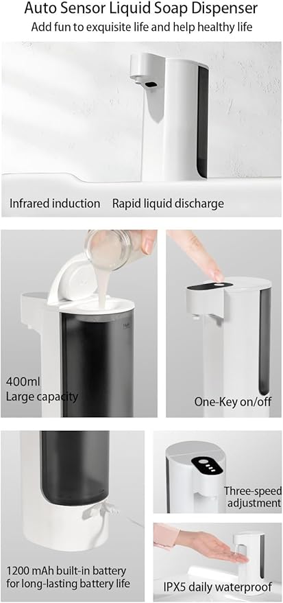 Automatic Soap Dispenser Touchless Dish Soap Dispenser 13.5oz/400ml with Infrared Sensor Type-C Rechargeable Liquid Dispenser for Bathroom and Kitchen