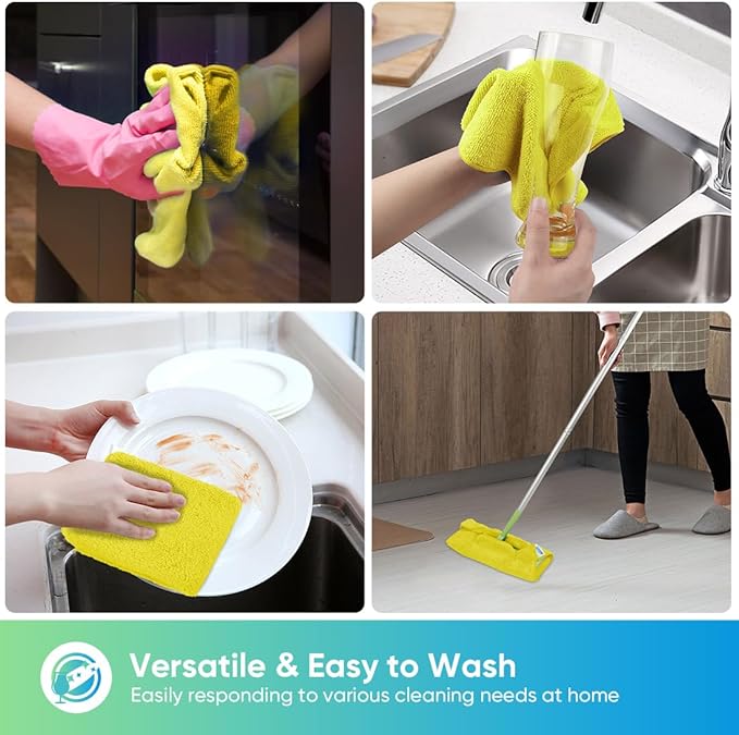 HOMEXCEL Yellow Microfiber Cleaning Cloth, 12 Pack Premium Microfiber Towels for Cars, Lint Free, Highly Absorbent, Reusable Cleaning Rags for Car, Household, Kitchen, Window, 11.5"X11.5"