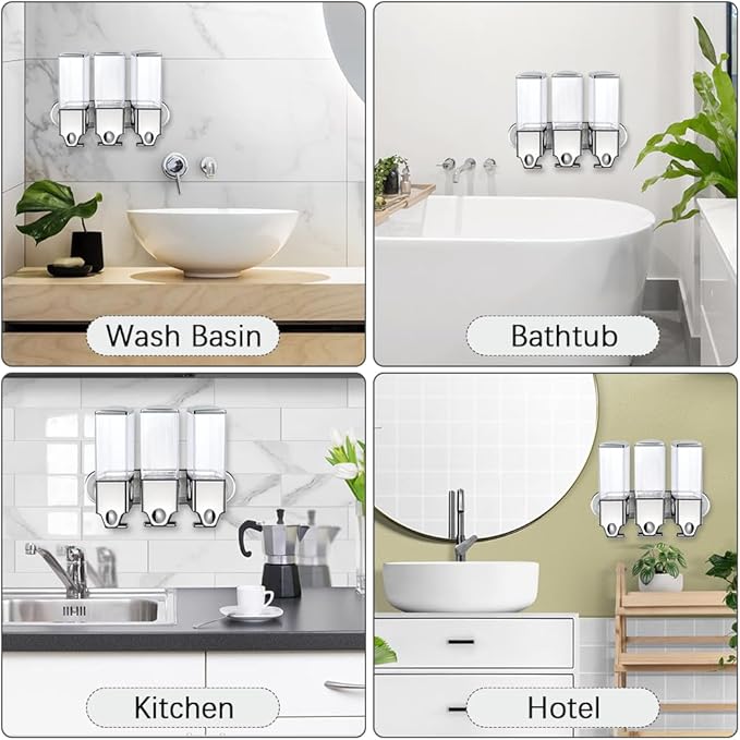 No-Drill 3 Pack 500ml Wall Mounted soap Dispenser for Bathroom and Kitchen, Shampoo and Conditioner Dispenser Drill Free with Adhesive (Clear-3)