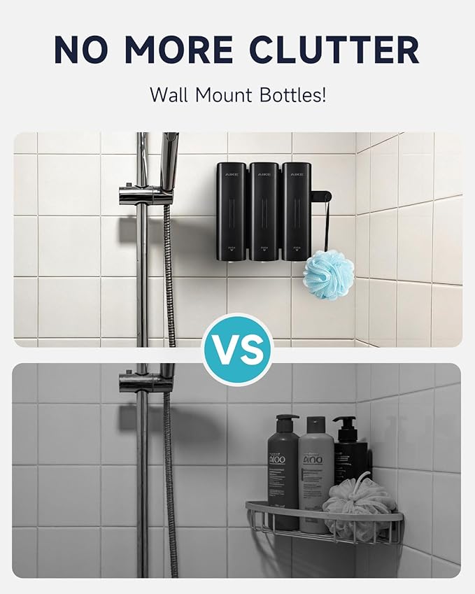 AIKE 3 Chambers Shower Shampoo and Conditioner Dispenser 3 x 11.8 fl.oz. for Bathroom(Black)