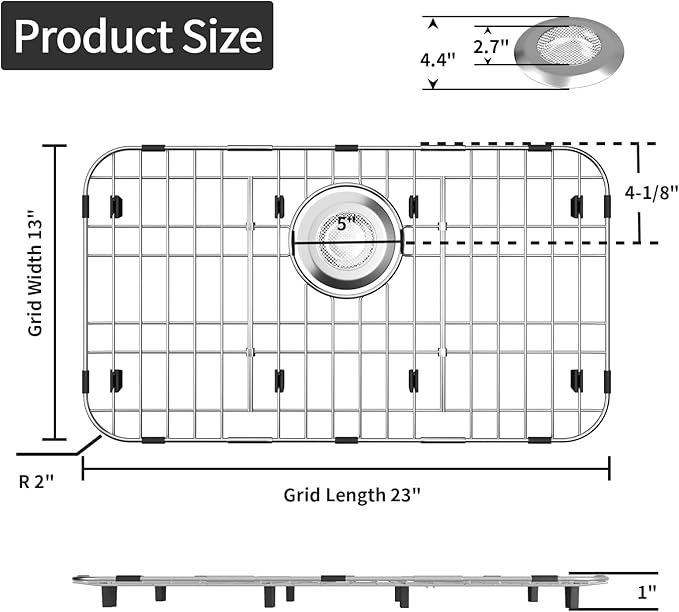 23’’ x 13’’ Stainless Steel Sink Grid, Sink Protectors for Kitchen Sink, Sink Protector with Rear Drain for Single Sink Bowl, Sink Bottom Grid