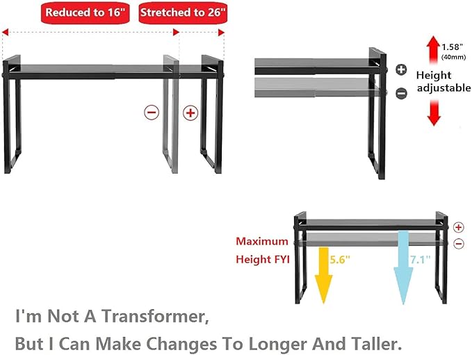 Expandable Cabinet Shelf Organizer 16-26" L Stackable Kitchen Counter Shelf Rack Sink Riser Countertop Storage Black (Normal 7.9”D)