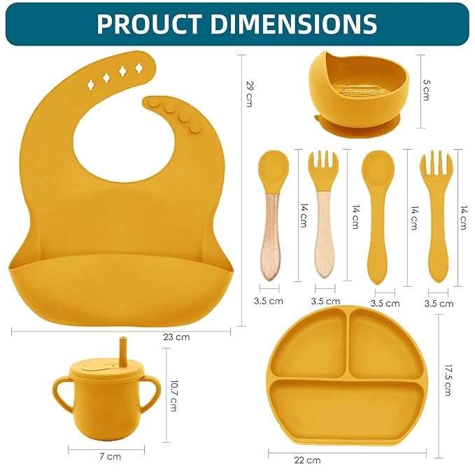 100% Silicone baby feeding set,BPA free Baby dishes set with Suction Bowl Divided Plate,Toddler Self Feeding Dish Set with Spoons Forks Sippy Cup And Bib, Baby Eating Utensils (Pumpkin)