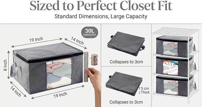 Storage Clothes Bins Closet Bags - 35L Containers Organizer Boxes Clothing Bin Organization for Organizing Blanket Pillow Sheet Sweater, Foldable Bedroom Small Storage Totes With Lids Zipper, 6pc Pack
