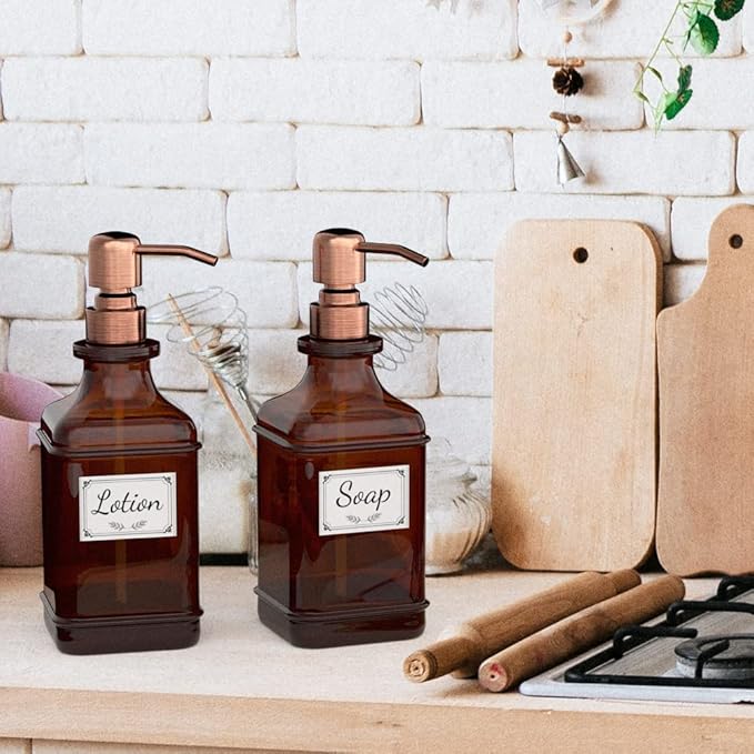 GLADPURE Soap Dispenser 2 Pack, Hand Soap Dispensers with 18 Oz Antique Design Thick Amber Glass Bottle, 316 Rust Proof Stainless Steel Pump, 6Pcs Stickers, for Lotion, Soap - Brushed Copper