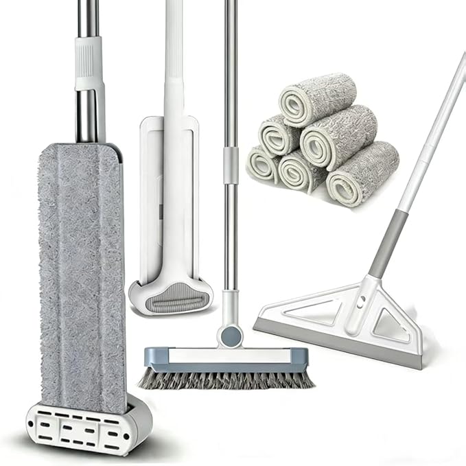 Hands-Free Self Wringing Flat Mop - Microfiber Floor Cleaning Tool with Washable Pads, Scrub Brush, Squeegee (1 Mop+6 Pads+1 Brush+1 Glass Wiper)