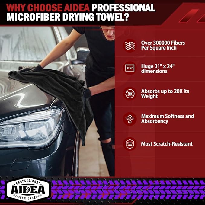 AIDEA Microfiber Towels for Cars-2PK, Large Professional Car Drying Towel, Scratch-Free & Absorbent Drying Towel for Cars, SUVs, RVs, Trucks, and Boats, 24inx 31in, Black