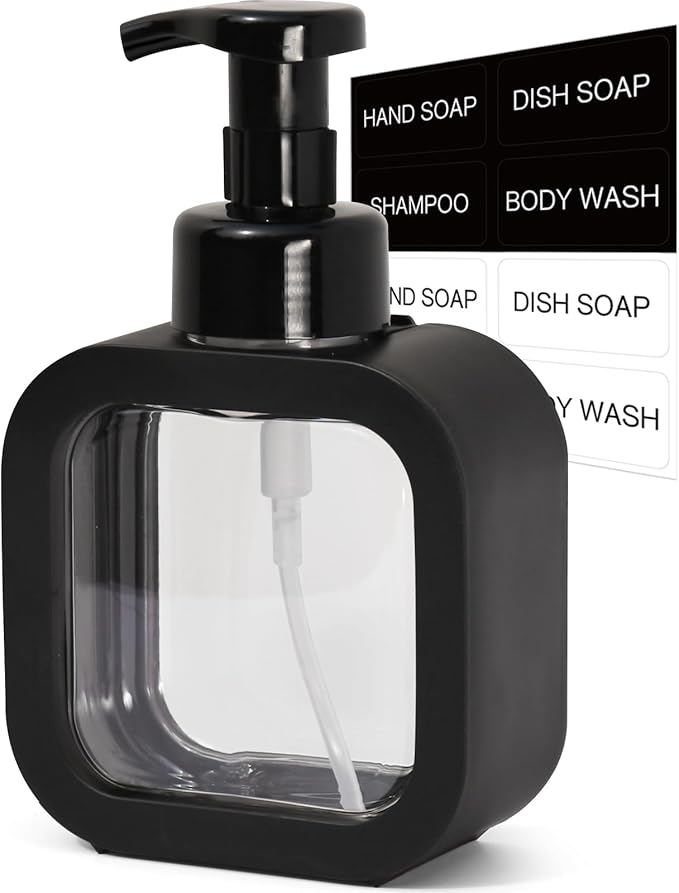Foaming Soap Dispenser, 300ml (10oz) Plastic Refillable Foaming Hand Soap Dispenser with 8 Pcs Waterproof Labels, Foam Pump Bottle for Bathroom and Kitchen (Black)