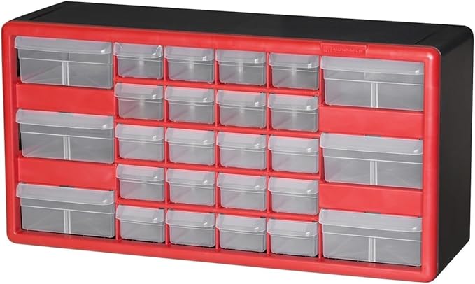 Akro-Mils 26-Drawer Plastic Drawer Storage Cabinet for Garage Organization, Bead Organizer, Building Bricks Storage, Teacher Toolbox, Makeup Organizer, 20" W x 6" D x 10" H, 10126 Red
