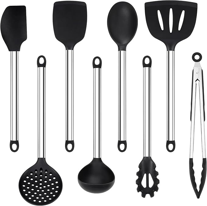 Silicone Cooking Utensils Set, Vayvnt 8 PCS Kitchen Utensils Set with Stainless Steel Handle, Heat Resistant Kitchen Tools for Nonstick Cookware, Large Spatula Spoons Turner, Dishwasher Safe, Black