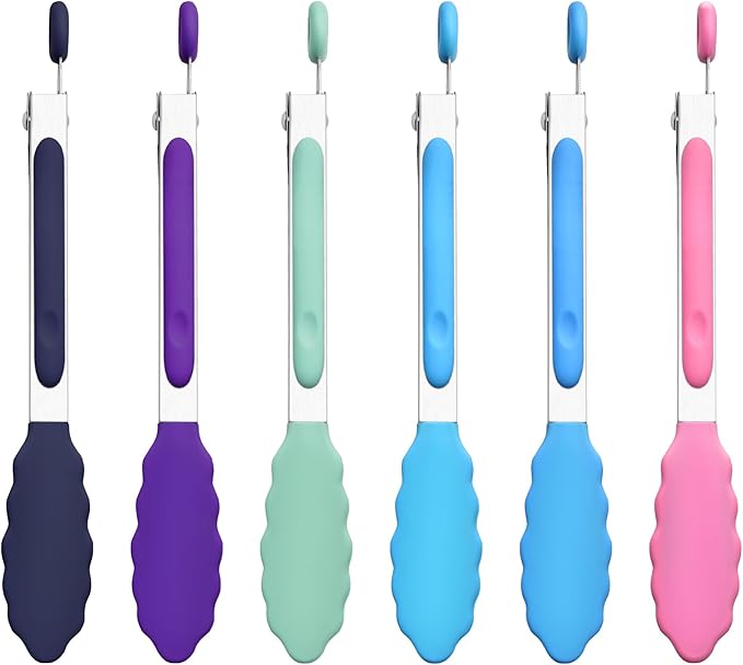 7-Inch Silicone Tongs Pack of 6, Small Stainless Steel Tongs with Silicone Tips for Cooking, Serving, BBQ, Grilling, Salad, Buffet, Party (7", Multicolor)