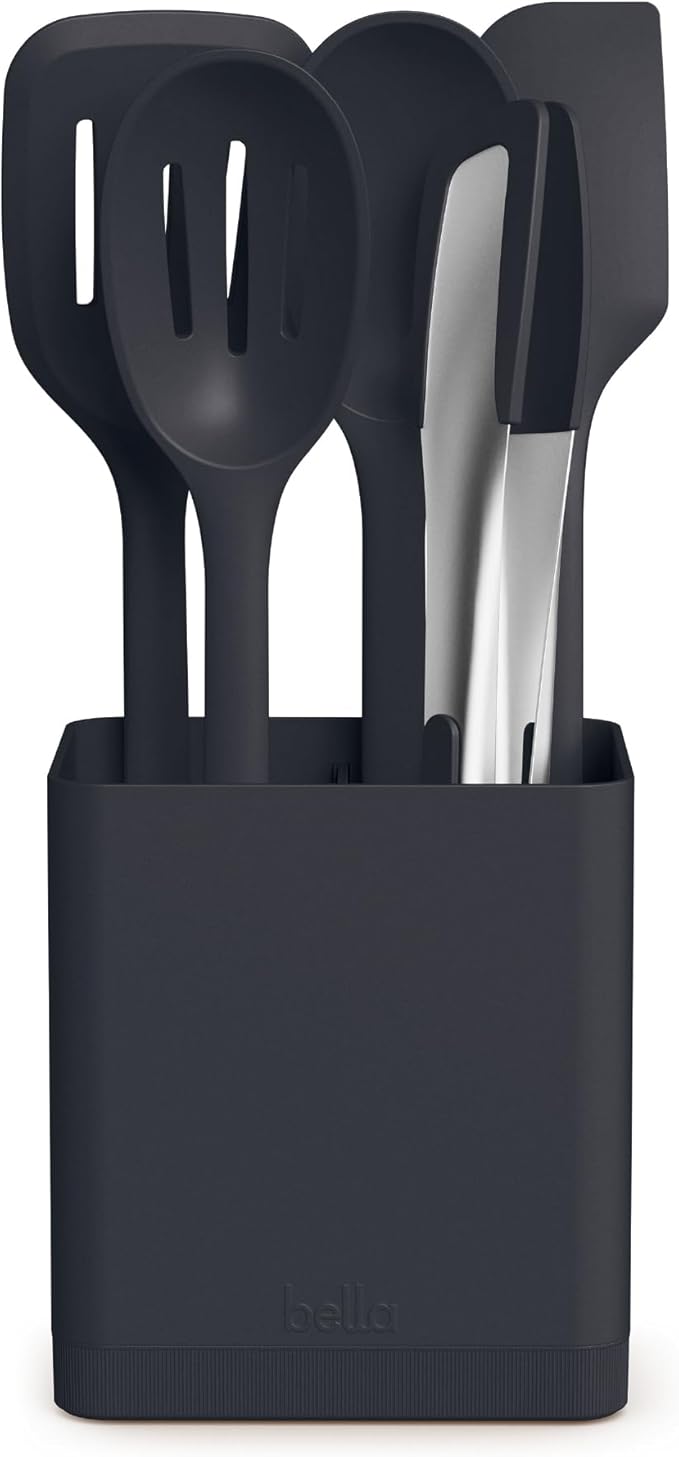 bella 6-Piece Modular Tool Set, Silicone, Turner, Spoon, Slotted Spoon, Spatula, Tongs, Crock with removable divider, Non-toxic*, Food-grade, Heat safe to 425°F, Dishwasher Safe, Oatmilk